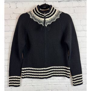GAP 100% lambswool black white full zip knit sweater cardigan fair isle M NWOT
